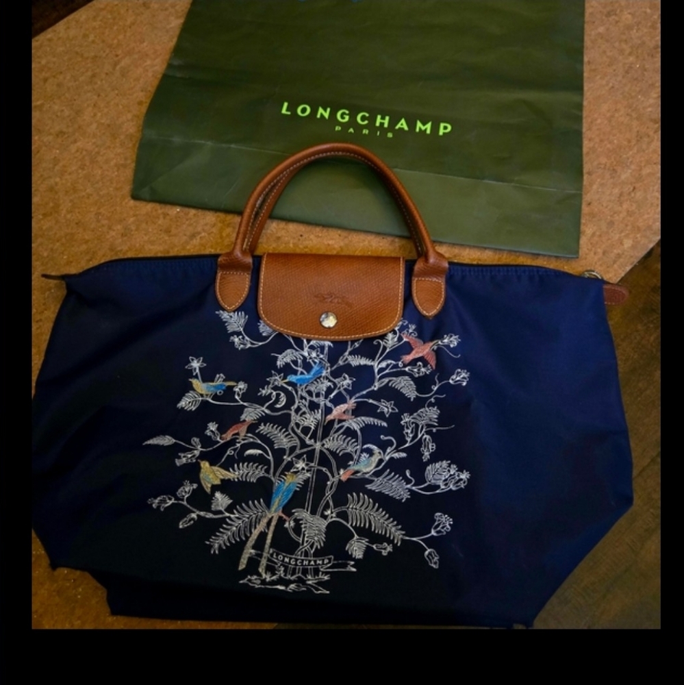 Longchamp Dark Blue Birds Of Paradise Limited EditionTote with Embroidery